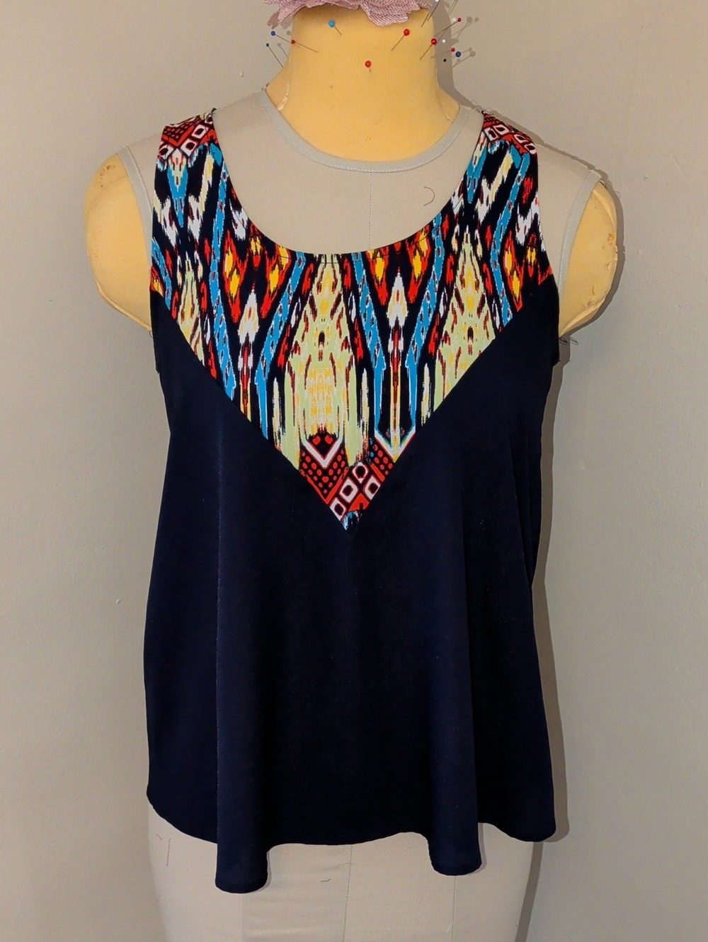 Caramel Navy Tank with Colorful Geometric Yoke